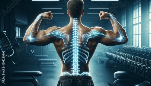 Human Anatomy with Visible Skeleton in Gym Setting