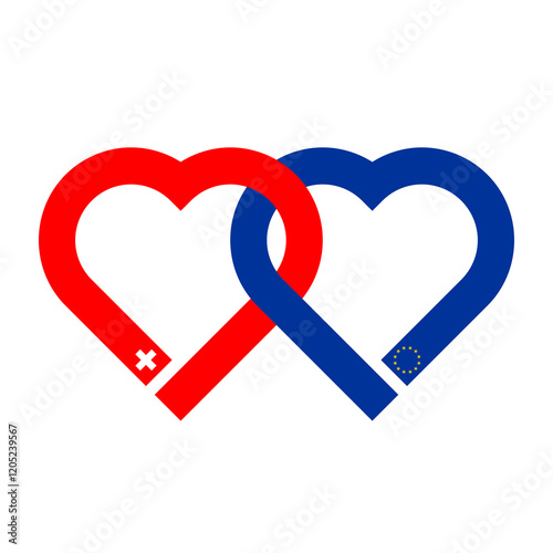 heart shaped ribbon of switzerland and european union flags intertwined. vector illustration isolated on white background