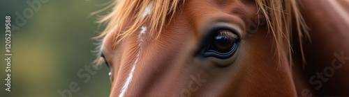 Close up of a horse ' s eye with a blurry background photo