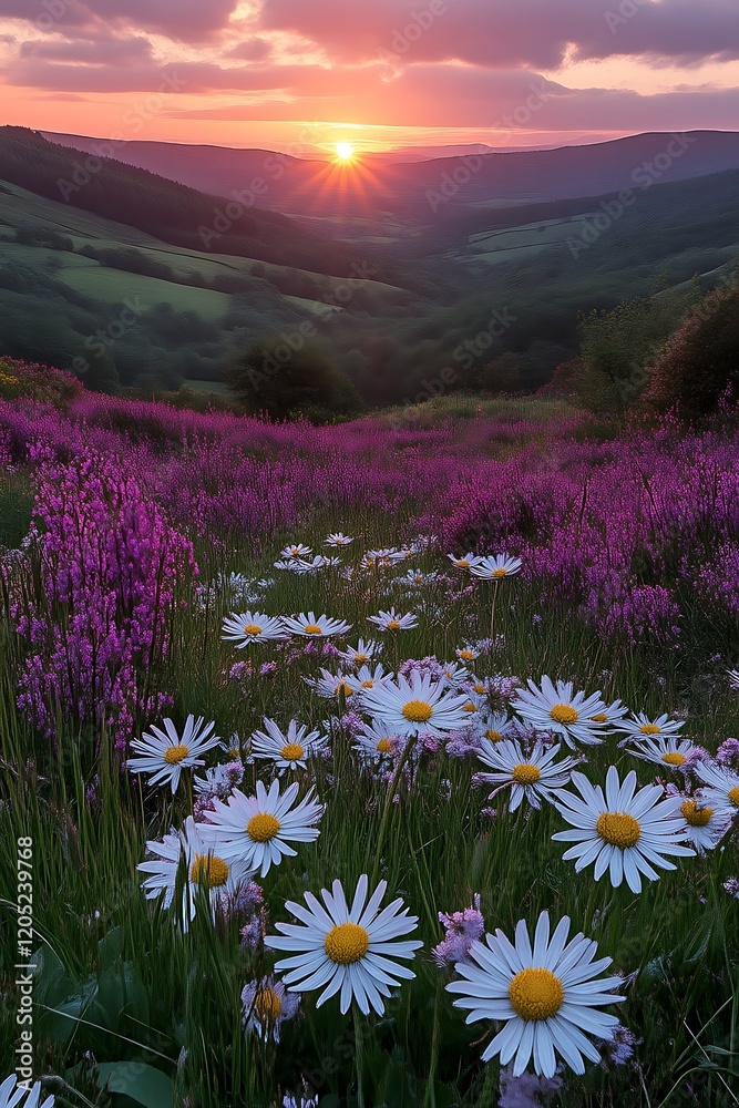 Fototapeta premium Mountain sunset daisies wildflowers landscape