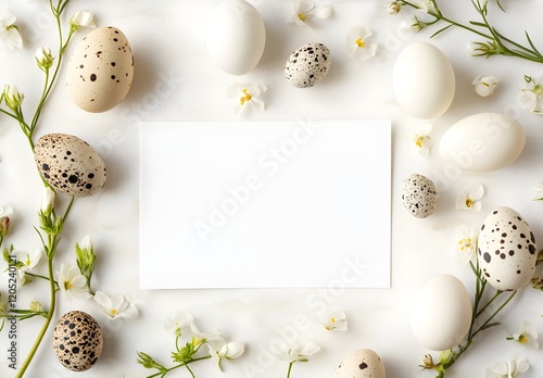 Creative easter flat lay with white paper blank