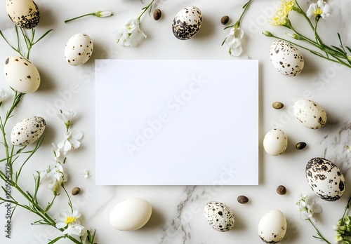 Creative easter flat lay with white paper blank