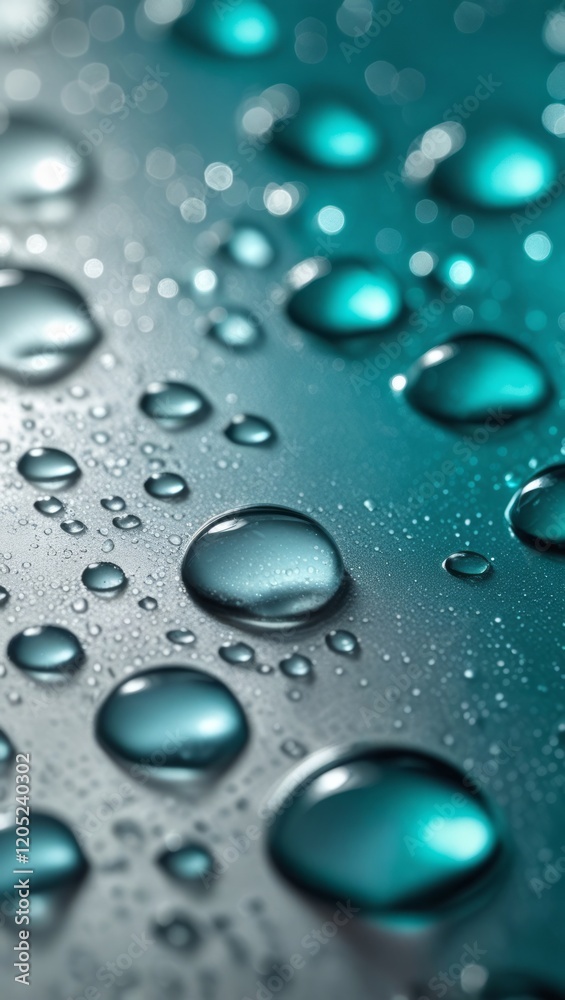 Teal water droplets on a glossy surface, capturing a fresh and vibrant abstract pattern Teal water droplets on a glossy surface, capturing a fresh and vibrant abstract pattern