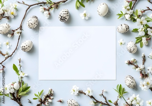 Creative easter flat lay with white paper blank