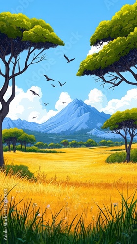 African savanna landscape with birds, mountain, trees and golden field, Generated AI