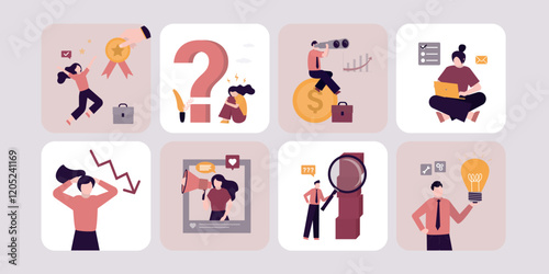 Set of various business people at work. Male and female employees or office workers in different poses, actions and gestures. Collection of scenes