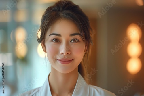 Free Download Portrait of a young woman smiling in a bright, modern environment. - GFXLoad