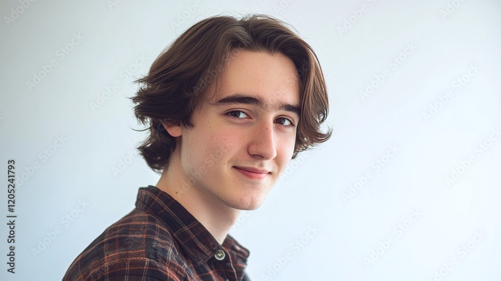 Portrait of a young man with medium-length dark brown hair a plaid shirt and a friendly expression on a white background. Portrait of a young man with medium-length dark brown hair a plaid shirt and a friendly expression on a white background.