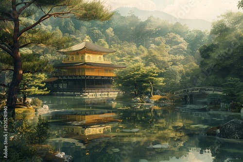 Serene landscape featuring a tranquil temple by a reflective pond amidst lush greenery. photo