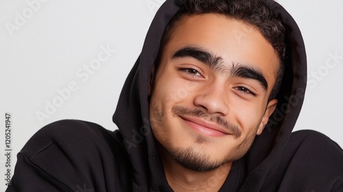 Portrait of a young man with olive skin thick eyebrows and a black hoodie smiling softly on a white backdrop.