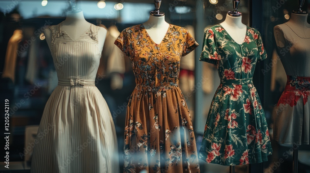 Elegant Dresses Displayed in a Boutique Window
