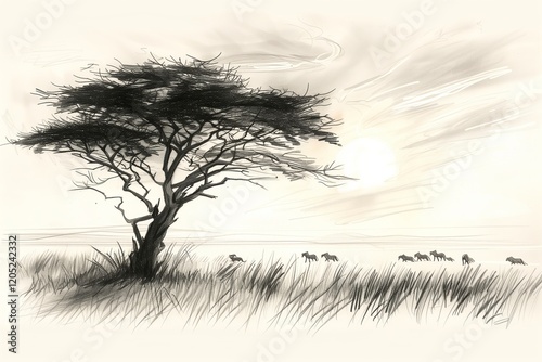 Silhouette of an acacia tree against a sunset with wildlife on the horizon. photo