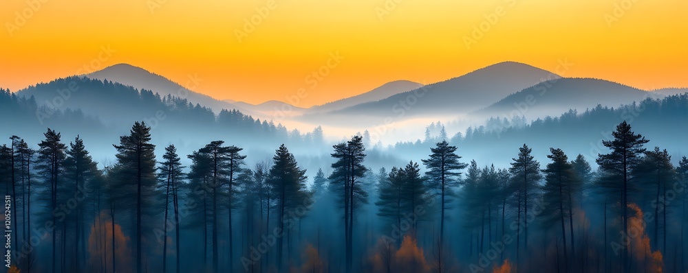 Fototapeta premium Serene Sunrise: Misty Mountain Forest Panorama