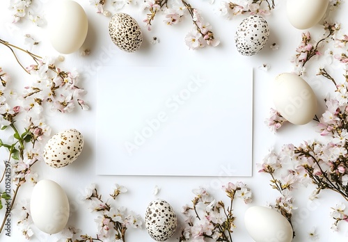 Creative easter flat lay with white paper blank