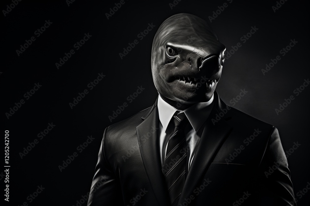 A shark dressed in a classic business suit, merging power and elegance in the corporate world A shark dressed in a classic business suit, merging power and elegance in the corporate world