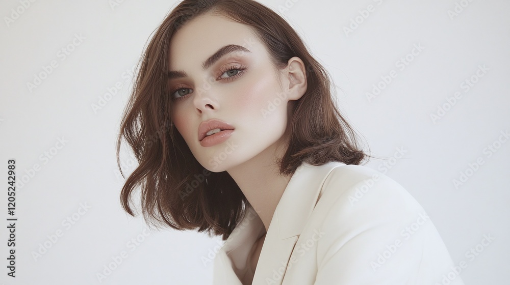 Portrait of a young woman with medium-length hair styled in soft waves wearing a subtle white blazer on a clean white background. Portrait of a young woman with medium-length hair styled in soft waves wearing a subtle white blazer on a clean white background.