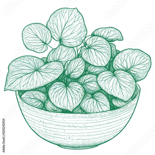 Intricate line art of brahmi leaves in a bowl, styled with fine details in soothing greens.
