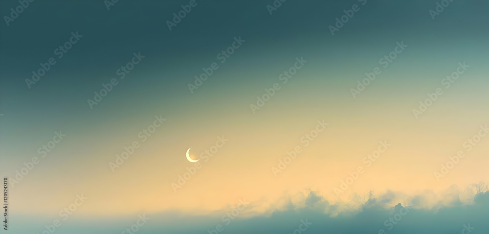 : crescent and Moon glowing in the sky with lighting in concept of Happy Ramadan Muslim and Islamic concept or event : crescent and Moon glowing in the sky with lighting in concept of Happy Ramadan Muslim and Islamic concept or event