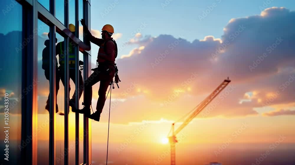 A worker is cleaning a skyscraper window at sunset, showcasing urban labor and safety.