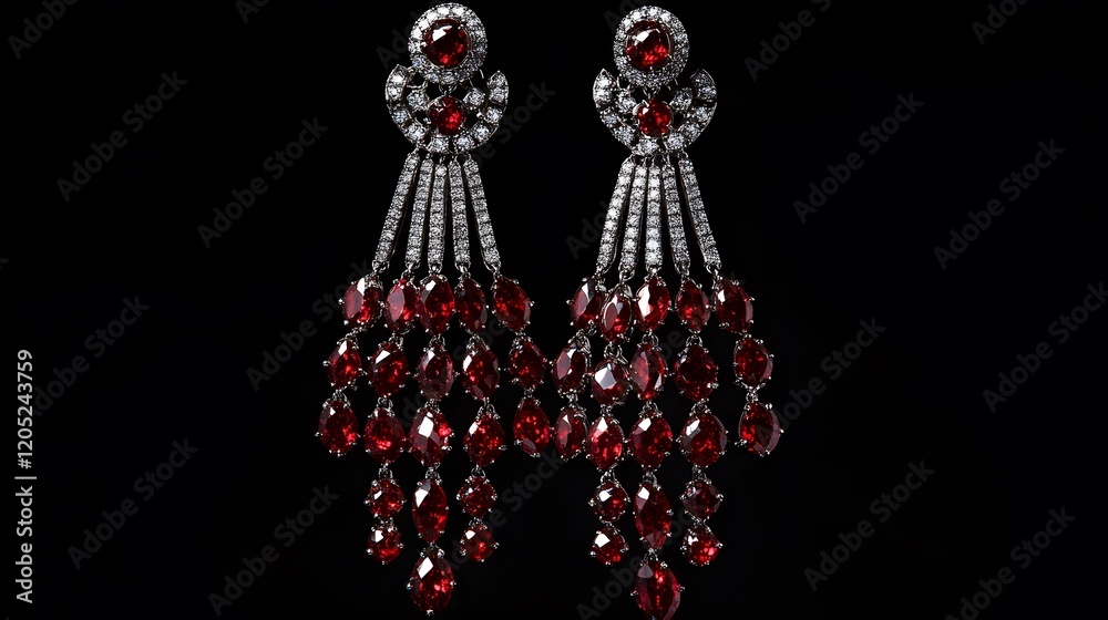 Obraz premium Elegant Red Gemstone Earrings with Diamond Accents on Black Background