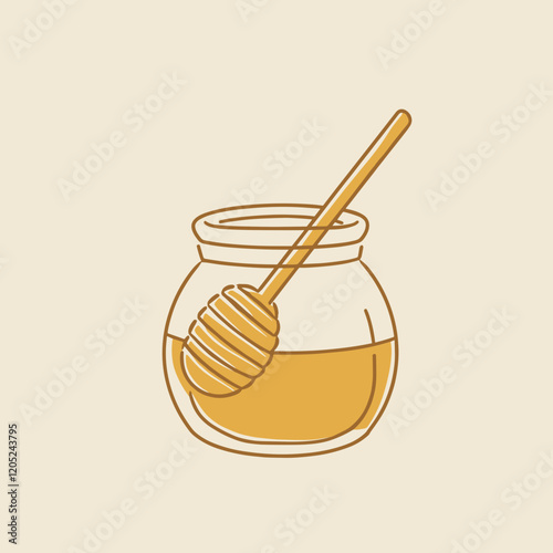 Line art of a honey jar with a wooden dipper, styled in golden and beige tones with sharp, clean details.