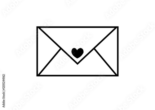 Love Letter Envelope: A minimalist black line drawing illustration depicting a simple envelope with a heart in the corner, conveying a message of affection and love.