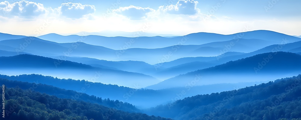 Fototapeta premium Serene Blue Ridge Mountains: A Misty, Panoramic Landscape