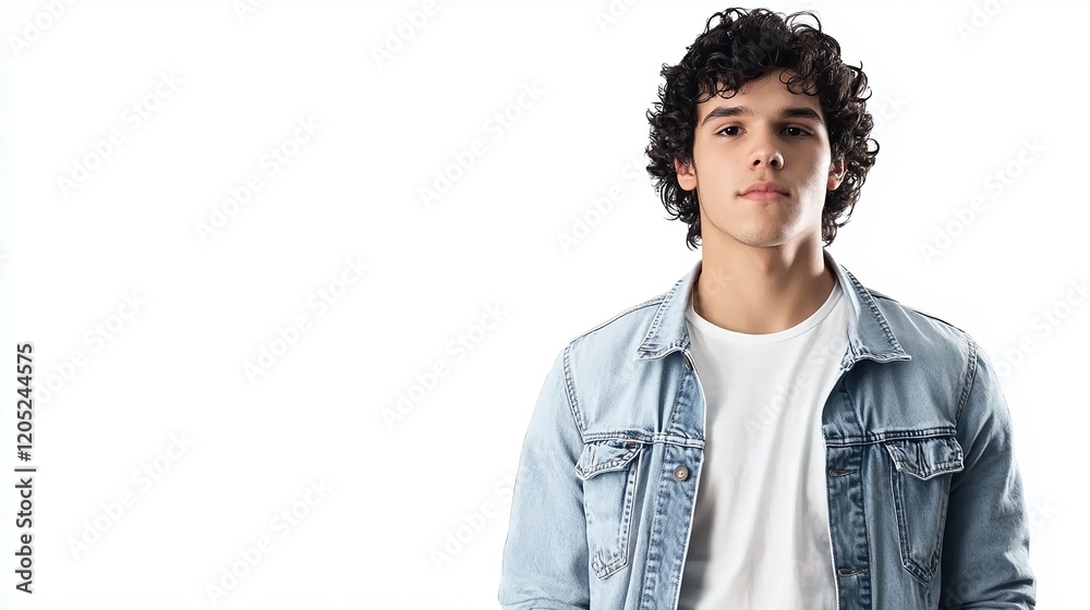 Young man with curly black hair wearing a casual denim jacket over a white shirt standing on a white background. Young man with curly black hair wearing a casual denim jacket over a white shirt standing on a white background.