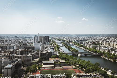 Aerial View of Paris with the Seine River and Modern Architecture
