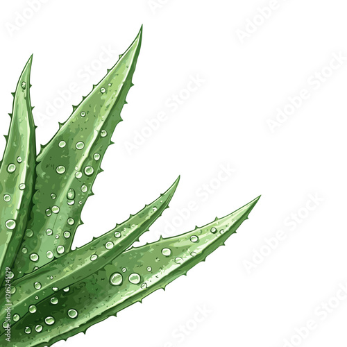Line art of an aloe vera leaf with gel droplets, styled in soft greens with clean, sharp details.