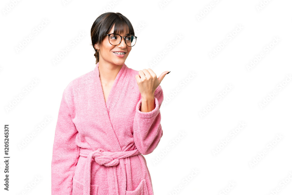 Young woman in bathrobe over isolated chroma key background pointing to the side to present a product Young woman in bathrobe over isolated chroma key background pointing to the side to present a product