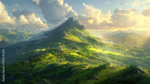 A picturesque scene unfolds as a small mountain covered in verdant grass shimmers under the golden rays of the sun, painting the landscape with a palette of natural beauty.