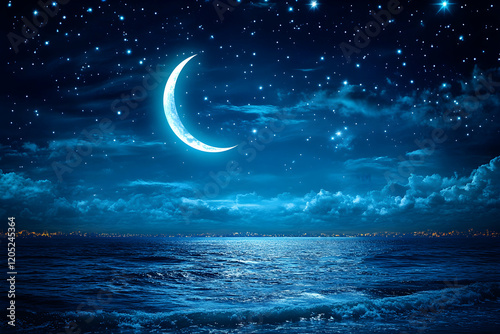 Crescent Moon Over Calm Ocean at Night photo