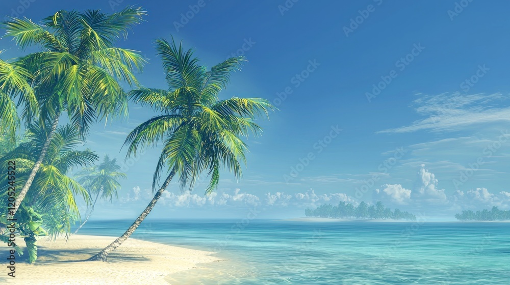 Naklejka premium Tropical beach paradise, palm trees, ocean, island, sunny sky, vacation
