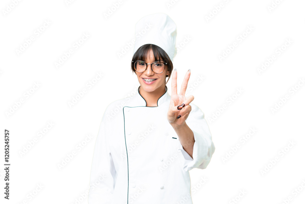 Young caucasian chef woman over isolated chroma key background smiling and showing victory sign Young caucasian chef woman over isolated chroma key background smiling and showing victory sign