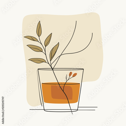 Minimalistic depiction of a herbal decoction in a glass, clean lines and earthy tones.