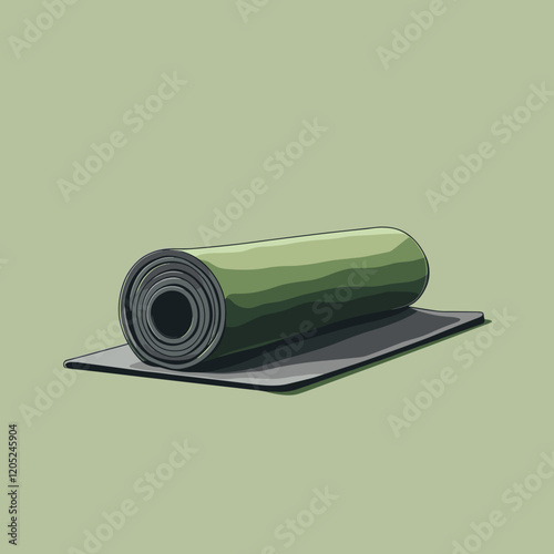 Minimalistic depiction of a yoga mat rolled up, clean lines with neutral gray and green tones.