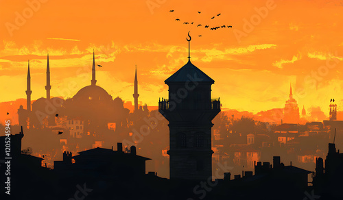 Istanbul Sunset Silhouette: A Cityscape of Golden Hues