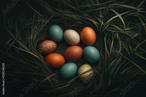 Beautifully decorated Easter eggs nestled in lush green grass photo