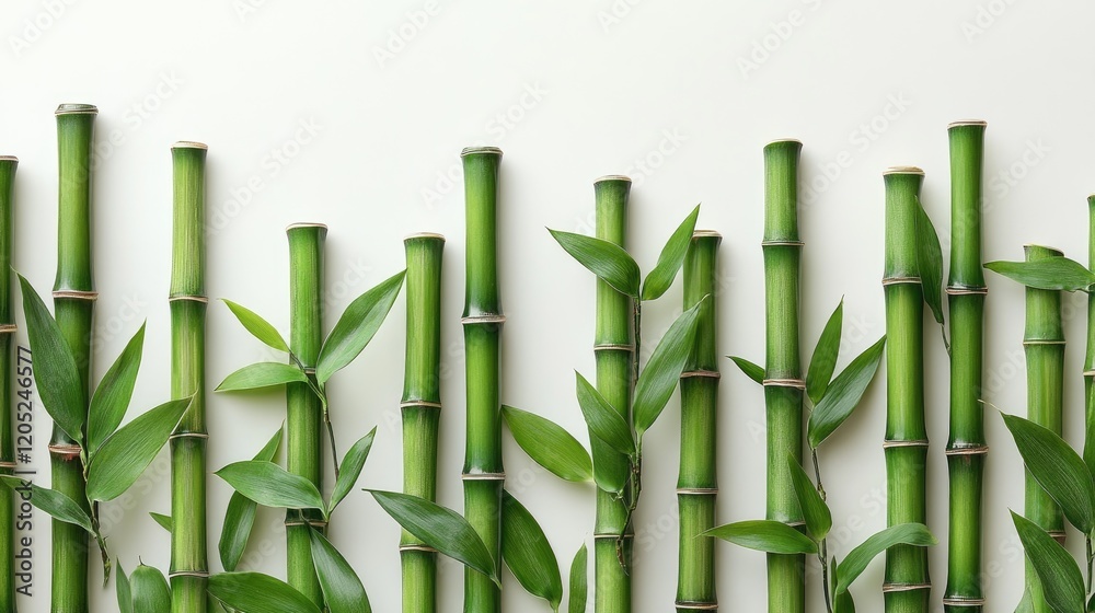 Fototapeta premium Lush green bamboo stems with vibrant leaves arranged aesthetically on a clean white background