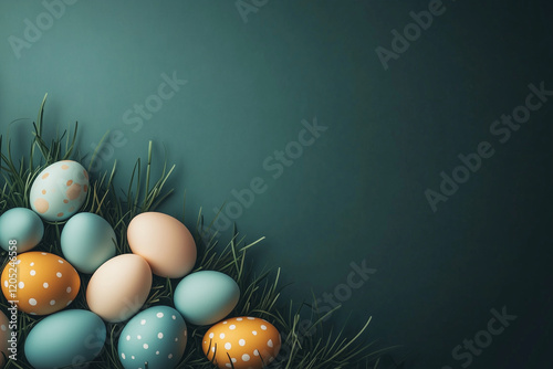 Elegant festive Easter setting with scattered eggs and empty space for text photo