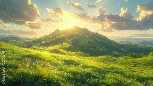 A picturesque scene unfolds as a small mountain covered in verdant grass shimmers under the golden rays of the sun, painting the landscape with a palette of natural beauty.