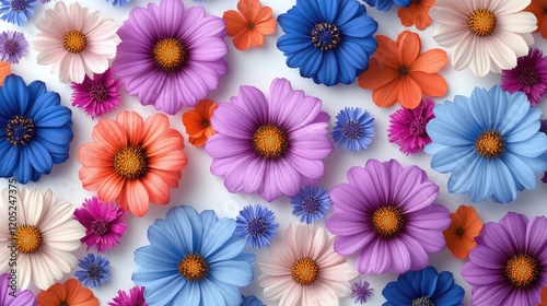 A vibrant arrangement of colorful flowers in various shades and sizes against a soft background