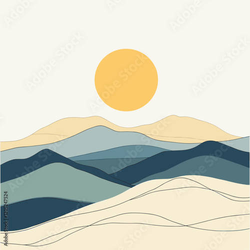 Minimalistic line art of a sunrise over mountains, soft yellows and blues in a clean layout.