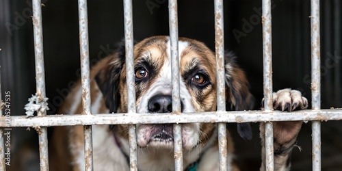 Sad Dog in Animal Shelter Cage Needs a Home photo