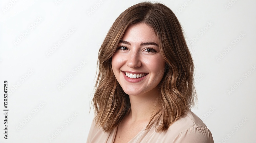 Young woman with soft makeup medium-length auburn hair and a casual beige blouse smiling warmly on a white background. Young woman with soft makeup medium-length auburn hair and a casual beige blouse smiling warmly on a white background.