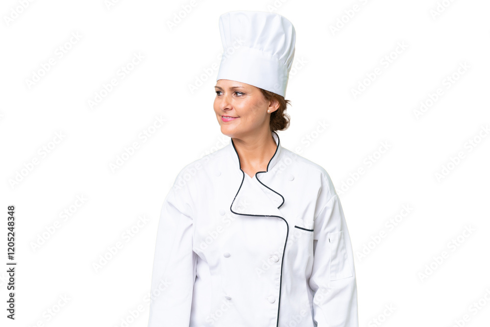 Middle-aged chef woman over isolated background looking side Middle-aged chef woman over isolated background looking side
