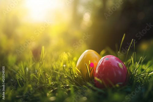 Warm and inviting Easter eggs basking in soft golden sunlight photo