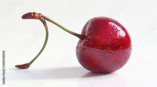 a plump cherry with a nearby cherry stem on a white surface