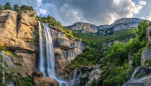 A majestic waterfall cascades down the side of an ancient mountain, surrounded by lush greenery and towering cliffs. 